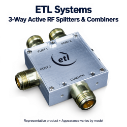 ETL Systems 3-way active RF splitter and combiner module with three branch ports and one common port.