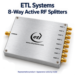 ETL Systems 8-way active RF splitter module with one common input and eight outputs.